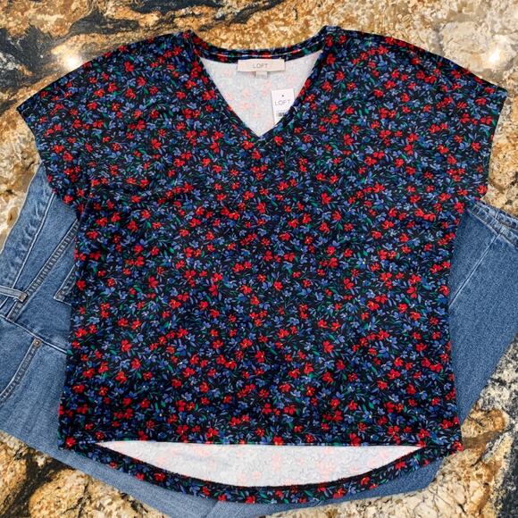 NWT LOFT Black Luxe Velvet W/Blue & Red Floral V-Neck Short Sleeve Top - Picture 3 of 11